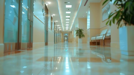 Poster - Blur background of corridor in clean hospital Blurred view of aisle in office with light floor Blurry lobby and waiting area in hotel Defocused empty area for event hall in shopping ma : Generative AI