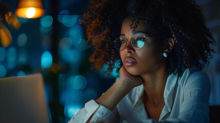 Leinwandbilder - Pensive AfricanAmerican executive read information on laptop in dark empty office Businesswoman work on computer late in modern office : Generative AI
