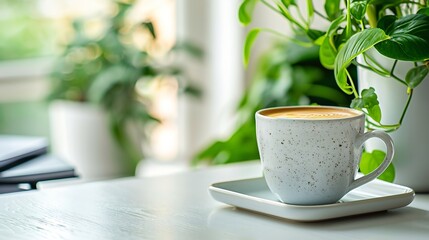 Canvas Print - Comfortable workplace with coffee stationery and houseplant on white table Home office copy space : Generative AI