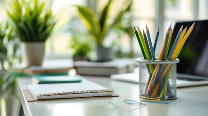 Leinwandbilder - Modern workplace with laptop computer pencil holder and notebook on white table : Generative AI