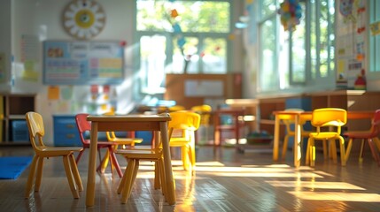 Fototapete - chairs on tables in kindergarten room classroom without any student School close due to coronavirus pandemic disease stay home quarantine Study online by internet to prevent covid19 Ne : Generative AI