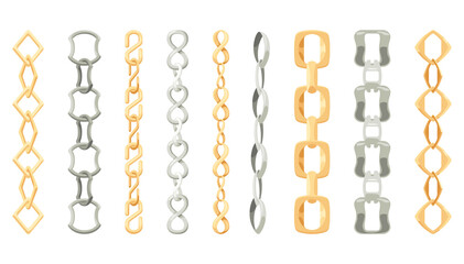 Metal chainlets with variety chain links. Gold, silver, stainless steel necklaces illustration isolated on white background. Jewelry from precious metals. For jewelry store ad, fashion concept