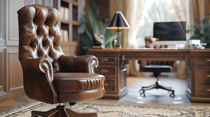 Aufkleber - Directors office with large wooden table leather armchair and PC Interior design : Generative AI
