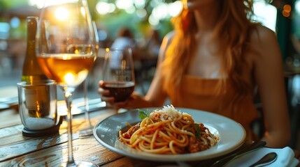 Wall Mural - Young woman sitting in summer cafe eating pasta with tomato meat Bolognese Parmesan cheese Travel tourism food and drink : Generative AI