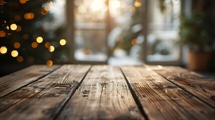 Poster - The empty wooden brown table top with blur background of home room in winter Exuberant image : Generative AI