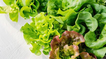 Wall Mural - Fresh colorful lettuce leaves on white background. Crisp and healthy greens, perfect for salads and healthy meals.