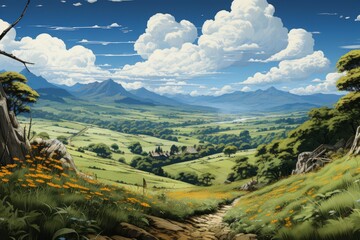 Canvas Print - Serene Valley Landscape With Distant Mountains