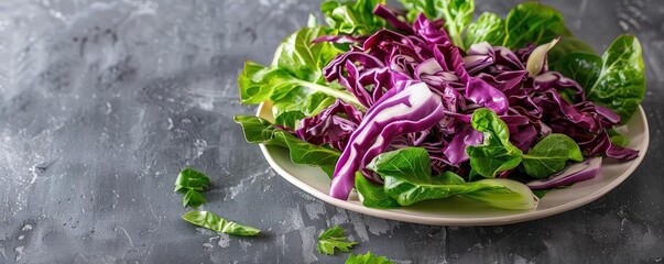 Wall Mural - Fresh mixed green and purple cabbage salad on a white plate, placed on a dark rustic background, perfect for a healthy meal concept.