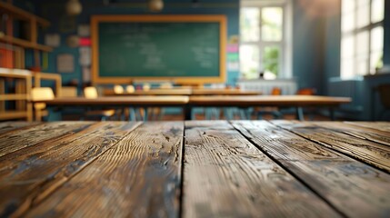 Poster - Wooden board empty table background On the blurred background of the empty classroom : Generative AI