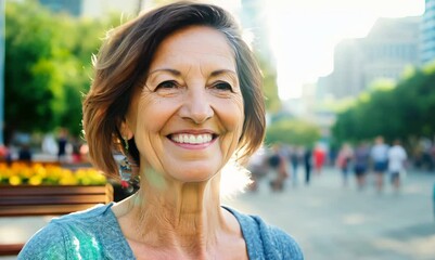 Poster - Portrait of happy mature woman in city park. Focus on face