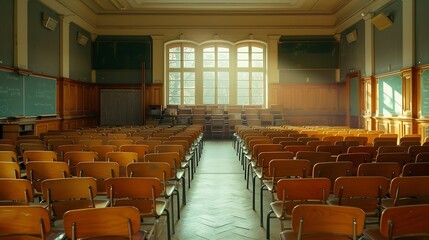 Leinwandbilder - Empty university classroom with wooden chairs and desks Modern university lecture room without student : Generative AI