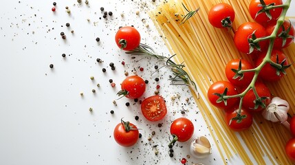 Wall Mural - Culinary background with ingredients for cooking pasta with tomatoes on a white background : Generative AI