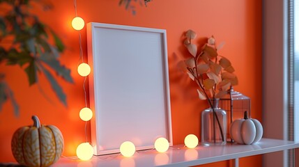 Aufkleber - White empty frame in orange solid color studio scene white lights Halloween background Product display mockup design : Generative AI