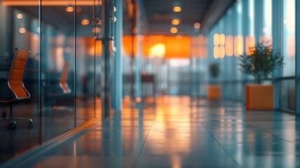 Aufkleber - Beautiful blurred background of a modern office interior in gray tones with panoramic windows glass partitions and orange color accents : Generative AI