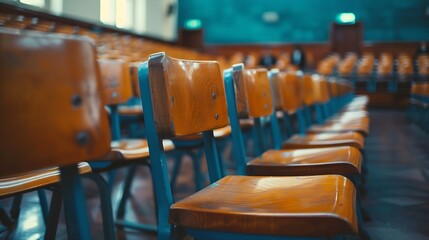 Poster - Empty university classroom with wooden chairs and desks Modern university lecture room without student : Generative AI