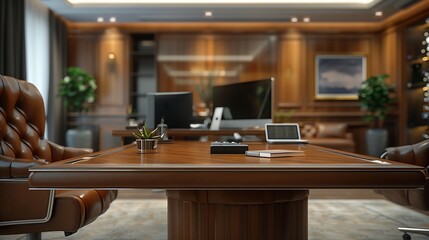 Aufkleber - Directors office with large wooden table leather armchair and PC Interior design : Generative AI