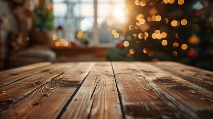Poster - The empty wooden brown table top with blur background of home room in winter Exuberant image : Generative AI