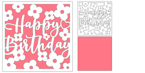 Wall Mural - Happy Birthday card with flowers svg, Paper cut template for cricut, Layered greeting card design