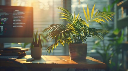 Fototapete - Empty workplace with desk and plant in office room copy space work from an atmospheric home office full of green plant : Generative AI