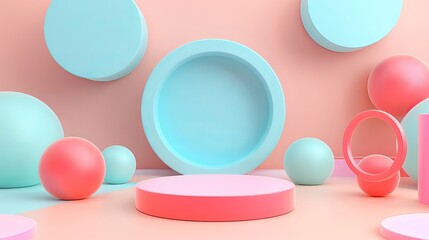 Sticker - Pastel Colored Geometric Shapes on Pink Background