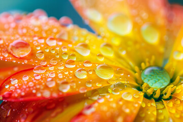 Poster - Close-up of an orange flower covered in dew drops, capturing the freshness and vibrant colors of the petals in a natural setting.