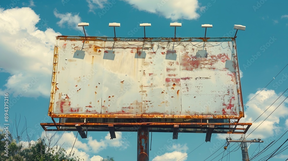 Large vintage billboard sign with white posters and string flags ...