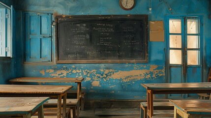 Poster - Indian classroom with wooden desks and blackboard on the wall : Generative AI