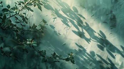 Aufkleber - Pale green textured plaster wall with abstract sun light shadow foliage silhouette elegant floral background with copy space : Generative AI