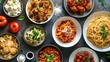 © Generative AI - Italian food panorama Various pasta dishes overhead flat lay shot : Generative AI