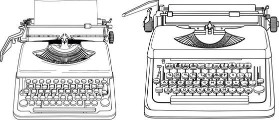 An illustration with a typewriter from the 1970s. One continuous line drawing.