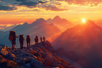 group of tourists in the mountains at sunset. generated by artificial intelligence