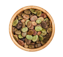 Wall Mural - top view flat lay pile of dry broad bean isolated on white background in wood bowl