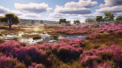 Canvas Print - Peaceful Meadow Landscape with Pink Flowers and a Pond