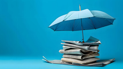 Wall Mural - An umbrella shields a stack of newspapers on a bright blue background, a metaphor for news