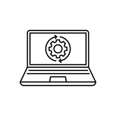 thin line laptop and gear wheel like update. lineart style trend modern minimal logotype stroke art design web element isolated on white background. concept of development or devops service badge