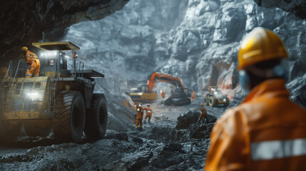 A group of wearing workers in a busy mining operation, extracting minerals from a deep quarry. The scene includes heavy machinery, rock formations, and a dynamic work