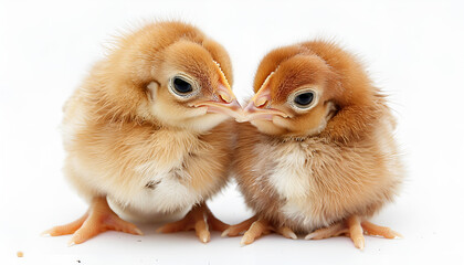 Two cute fluffy baby chickens on white background