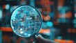 © vefimov - Close-up of hand holding magnifying glass over digital interface. Concept of scrutinizing information technology and cyber security.