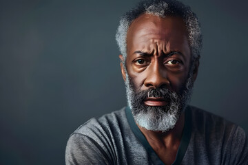 Wall Mural - Gray background sad black American independent powerful man. Portrait of older mid-aged person beautiful bad mood expression isolated on background racism skin