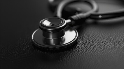 Stethoscope on a dark leather surface, commonly used by healthcare professionals for examining patients.