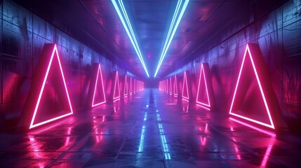 Wall Mural - Neon Triangle Lights in a Dark Tunnel