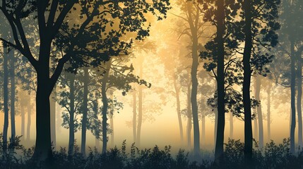 Wall Mural - A beautiful forest scene showing a sunrise and sunset with autumn leaves