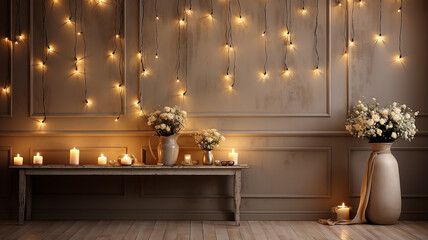 Wall Mural - decorated wall Christmas glowing festive winter background, small gold and lights garlands on the background