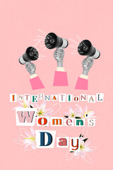 Sticker - Vertical photo collage of hands hold megaphone device promote international woman day lile flowers bloom isolated on painted background