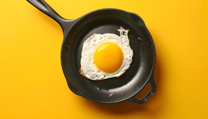 Wall Mural - Tasty fried egg in pan on yellow background, closeup