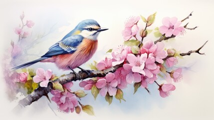 Poster - A beautiful bird perched on the branch of a cherry blossom tree