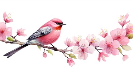 Sticker - Cute bird sitting on a cherry blossom branch