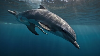 Wall Mural - A dolphin gracefully gliding through the shimmering sea