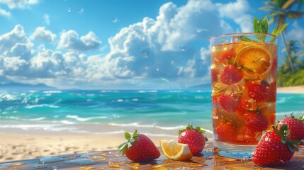 Wall Mural - Fruit beverage with strawberries by tropical beach