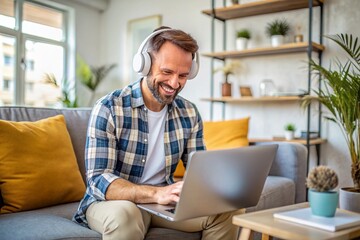 casual relax caucasian man working from home using laptop and wireless headpphone cheerful happiness working remotely distance in living room at home,ai generate